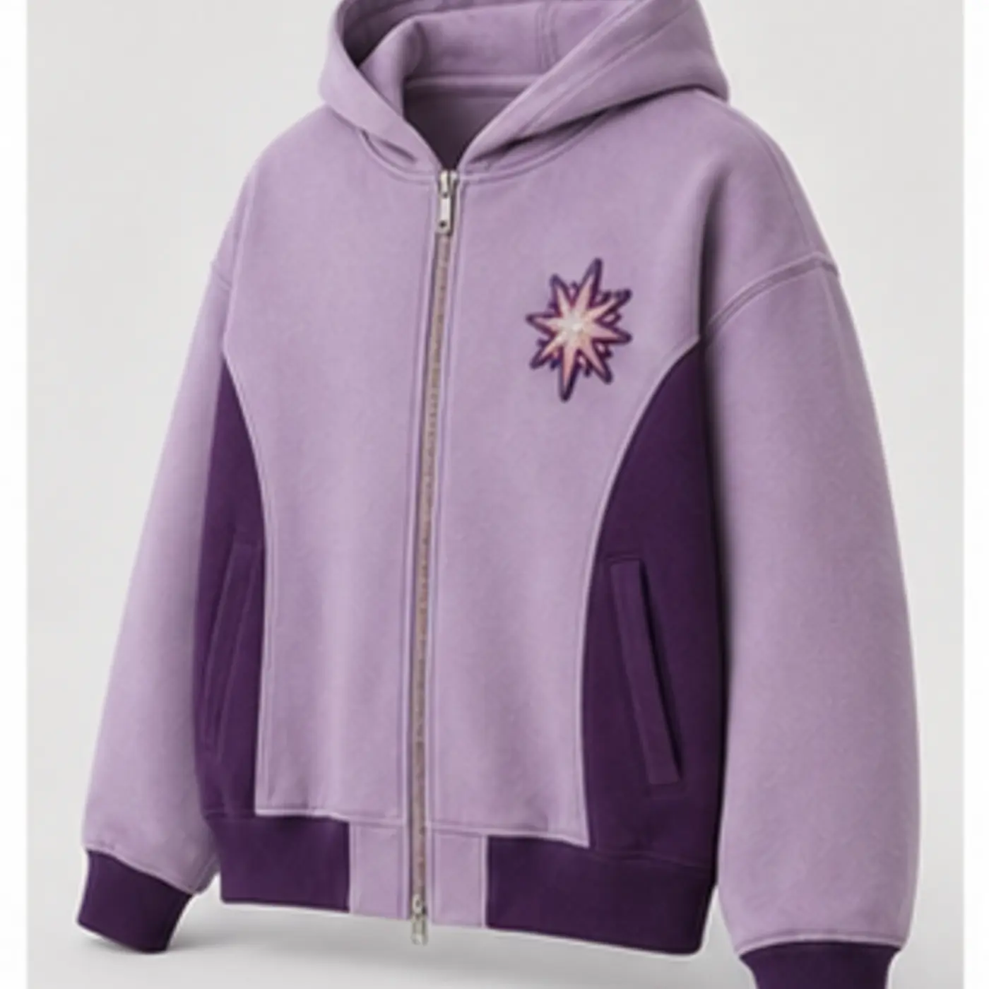 Lilac Starburst Embroidered Zip Hoodie — three-quarter angle view