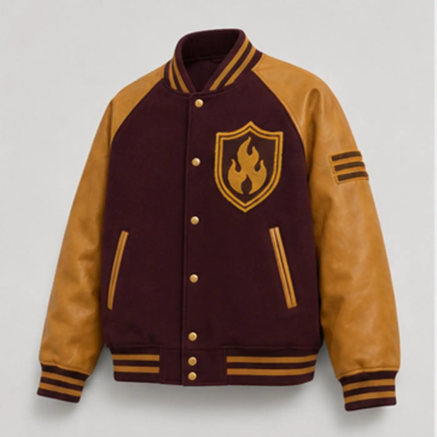 Flame Shield Chenille Varsity Jacket — three-quarter angle view