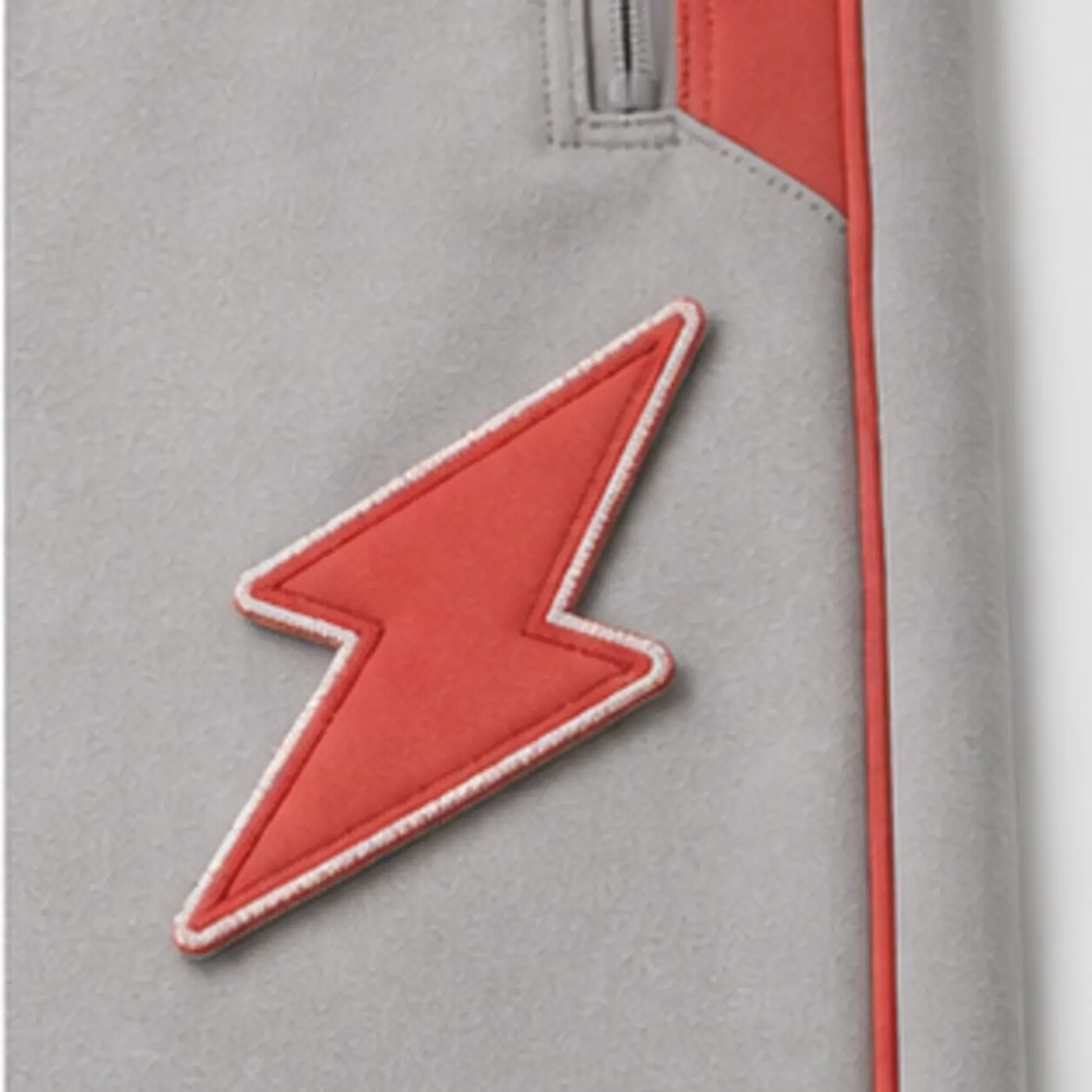 Pearl Grey Appliqué Track Joggers — fabric and construction details