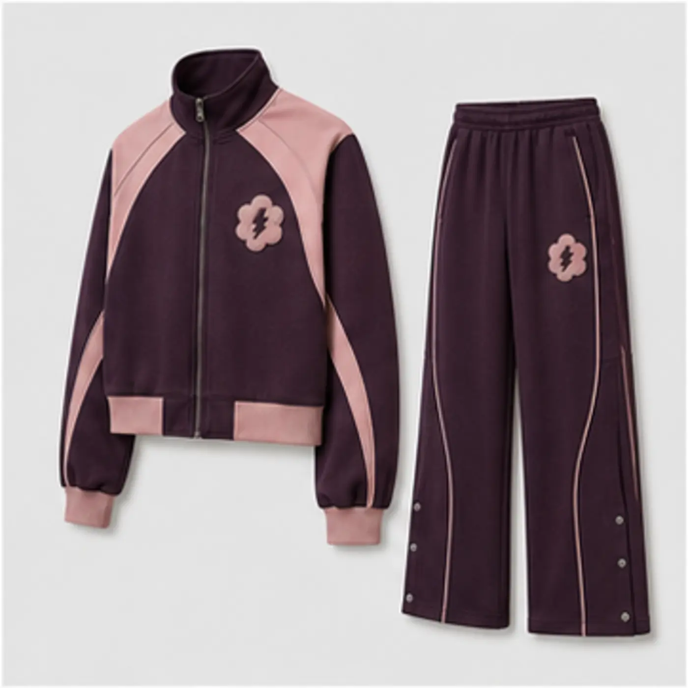 Aubergine Blush Appliqué Track Set — three-quarter angle view