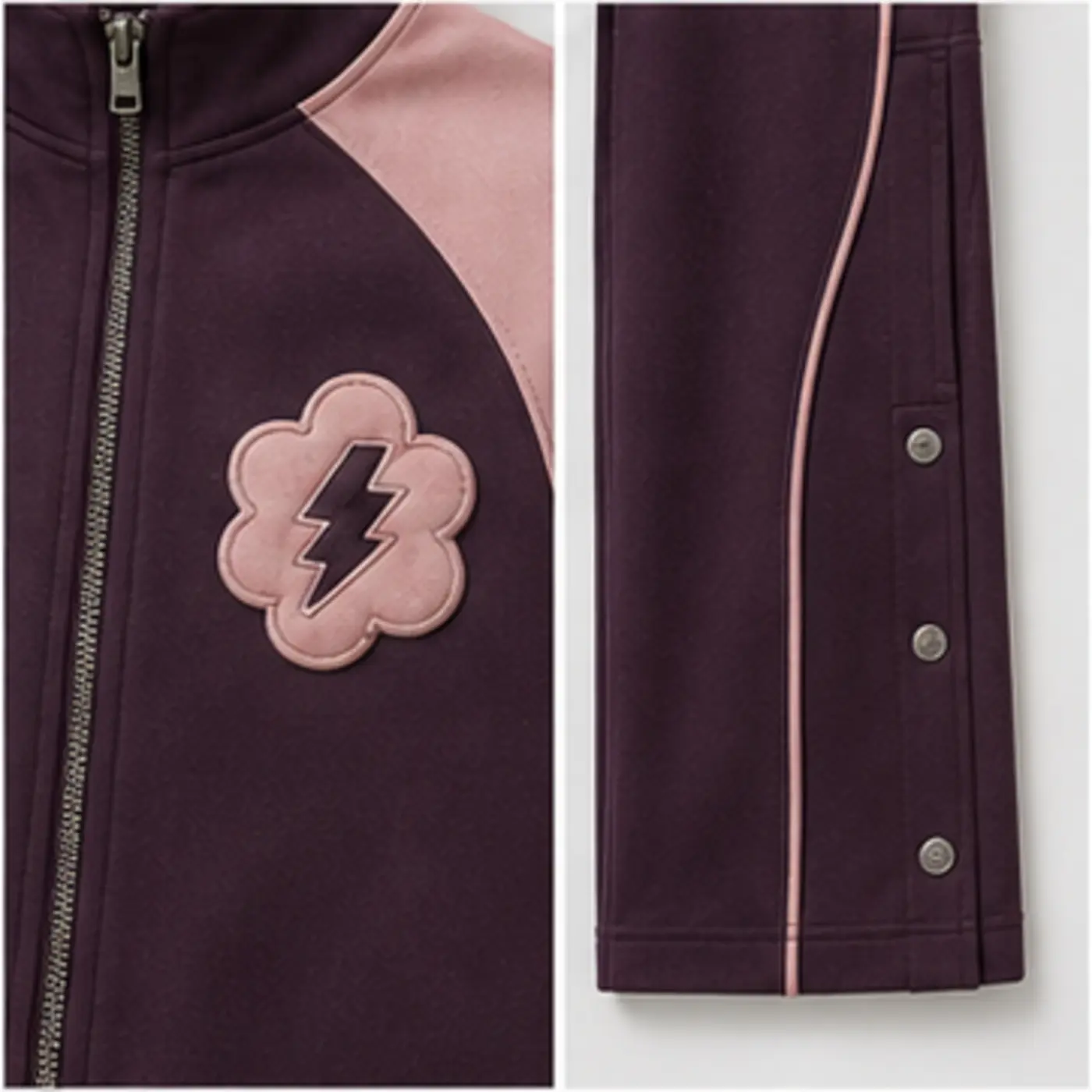 Aubergine Blush Appliqué Track Set — fabric and construction details